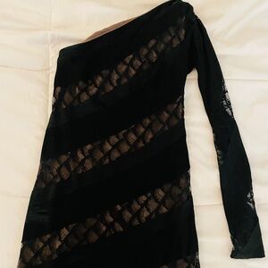 DVF size 6 one shoulder black lace cocktail dress